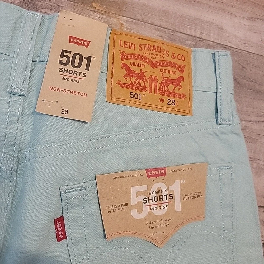 Levi's 501 Shorts Womens 28 Mint Green Mid Rise Cuff‎ Hem Denim Button Fly NEW
